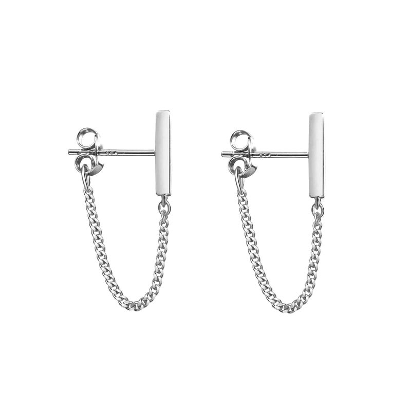 Reffeer 925 Sterling Silver Stud Earrings Minimalist Bar Earrings with Chain Dangle Earrings For Women (A-Silver) - Image 1